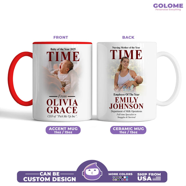 Custom Baby & Mom TIME Magazine Mug – Funny Personalized Photo Gift with Name, Quote & Role
